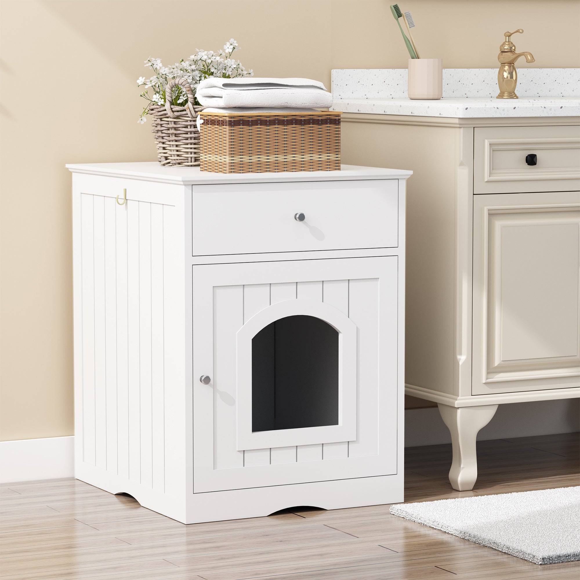 Wooden Pet House Cat Litter Box Enclosure with Drawer Side Table